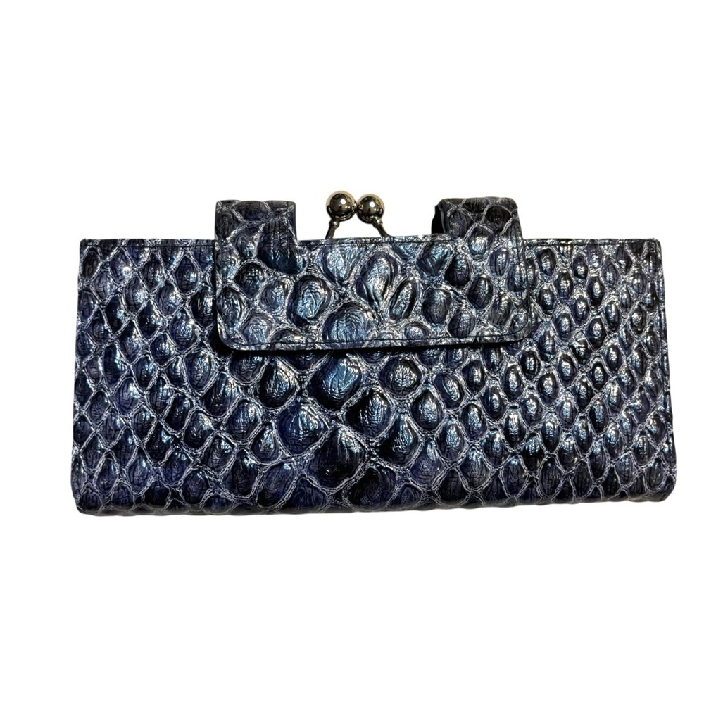 NEW Clutch / Wallet Blue Crocodile-Embossed Faux Patent Leather Silver Hardware